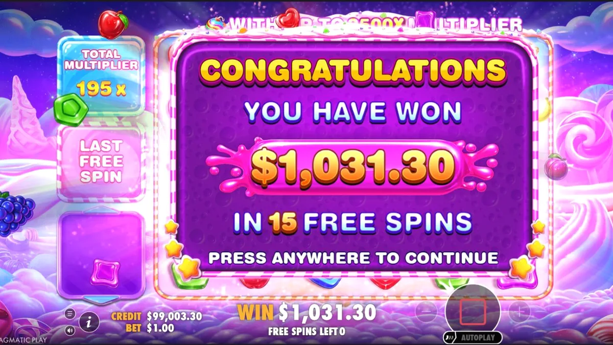 Sweet Bonanza 2500 slot game interface with candy theme