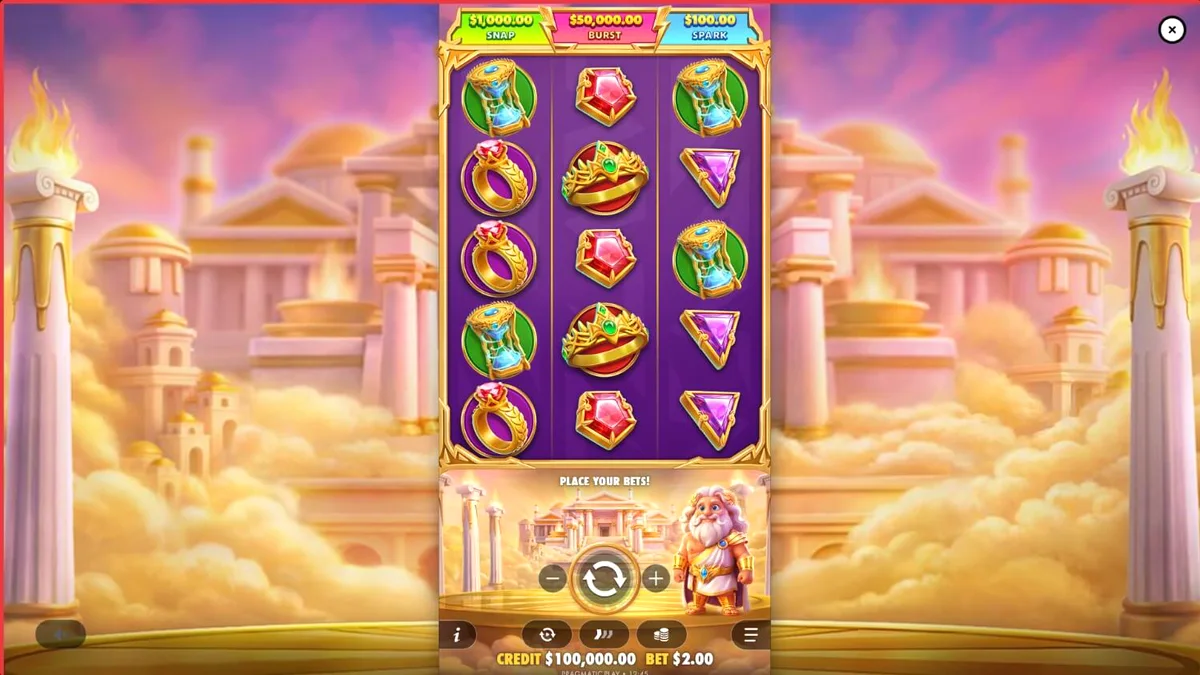 Tampilan visual slot Gates of Olympus POP dengan tema mitologi Yunani dan Zeus